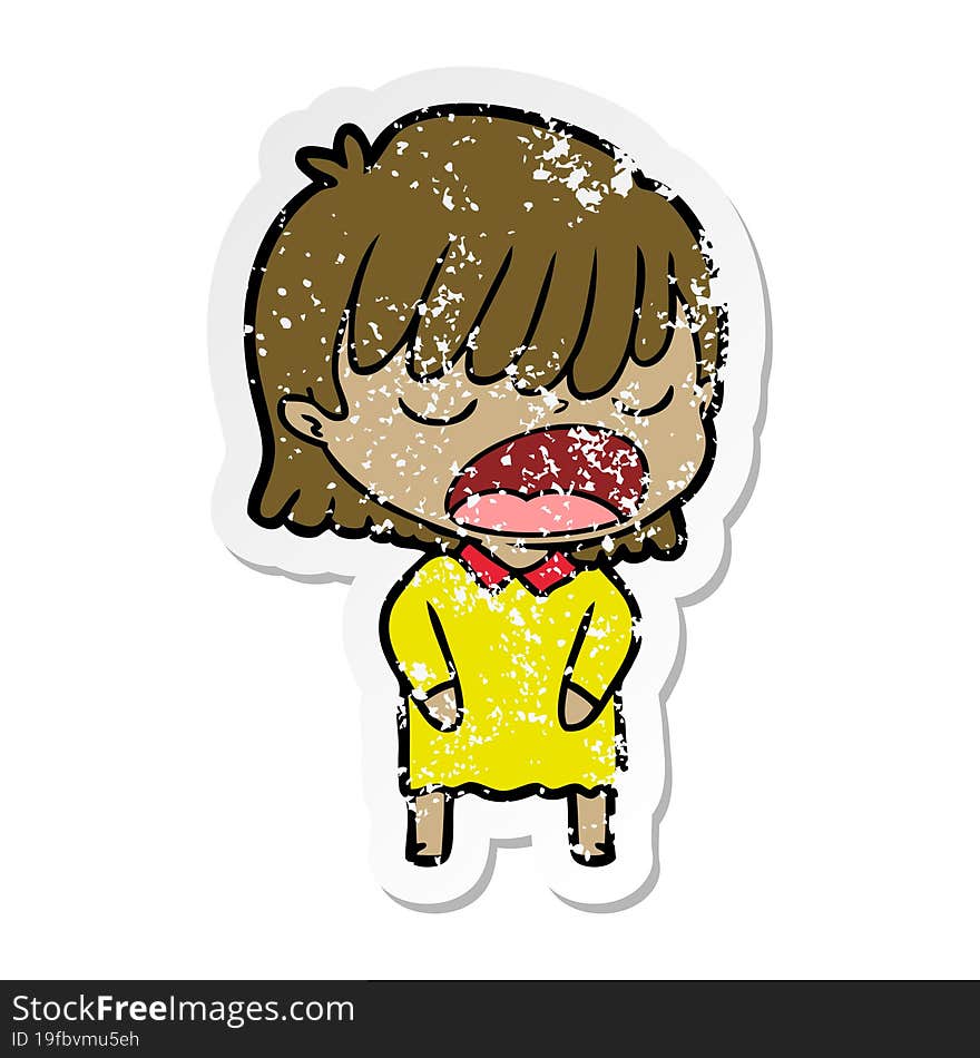 distressed sticker of a cartoon woman talking loudly