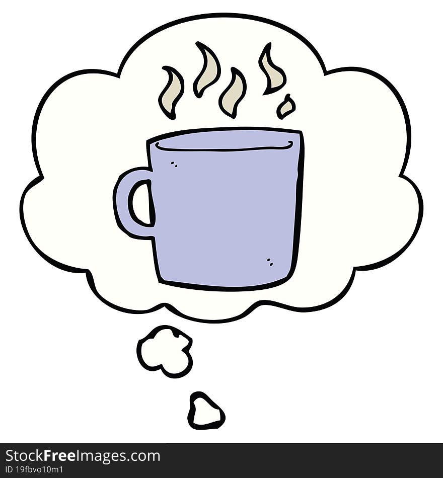 cartoon hot cup of coffee with thought bubble