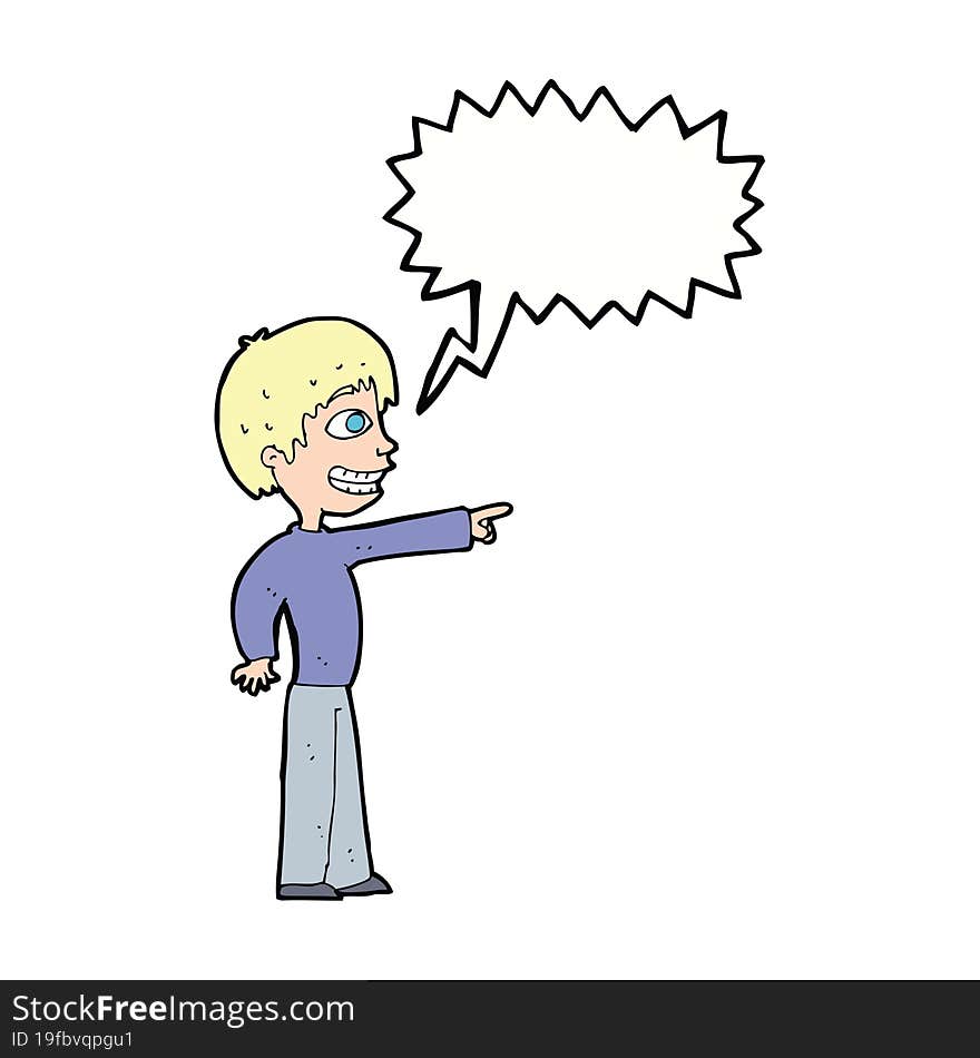 cartoon grinning boy pointing with speech bubble