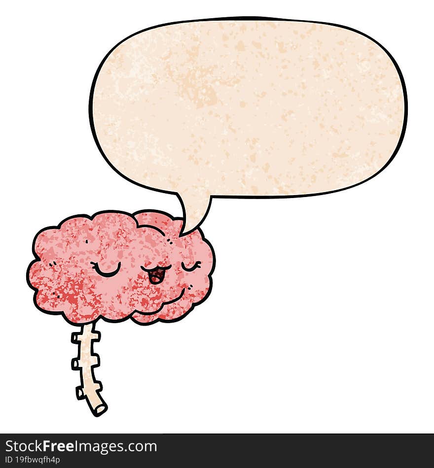 happy cartoon brain and speech bubble in retro texture style