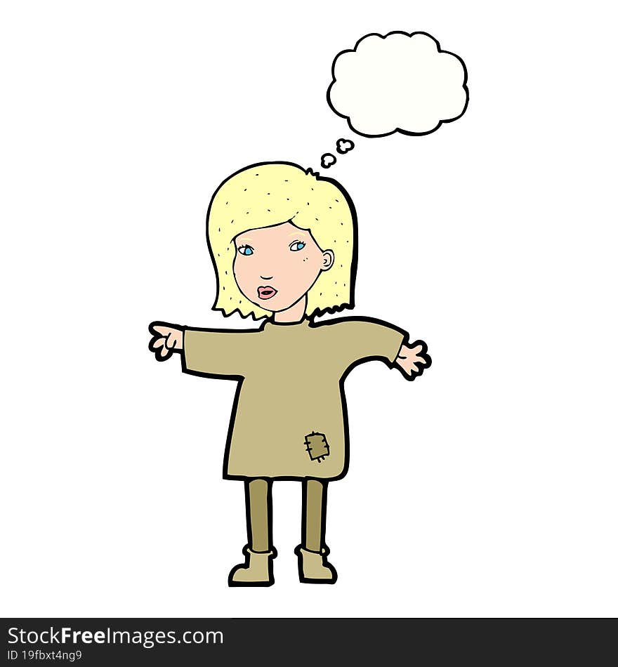 cartoon woman in patched clothing with thought bubble