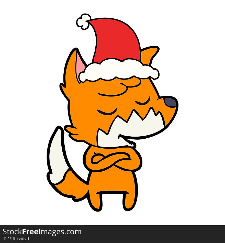 friendly line drawing of a fox wearing santa hat