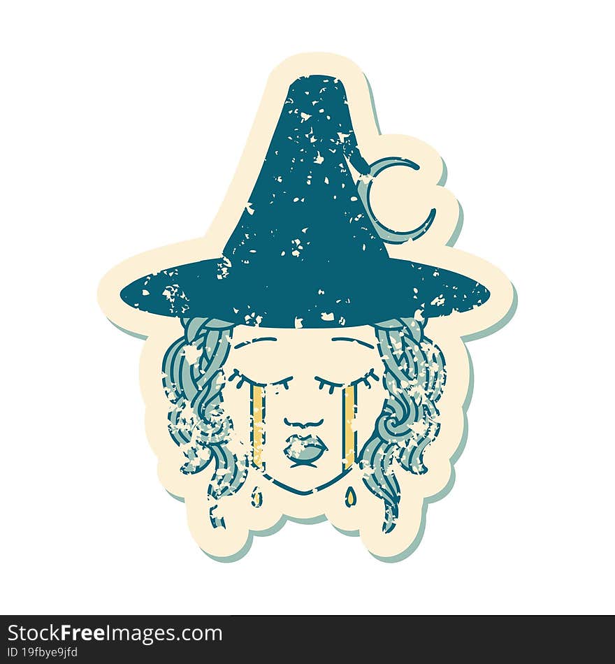 grunge sticker of a crying human witch character. grunge sticker of a crying human witch character