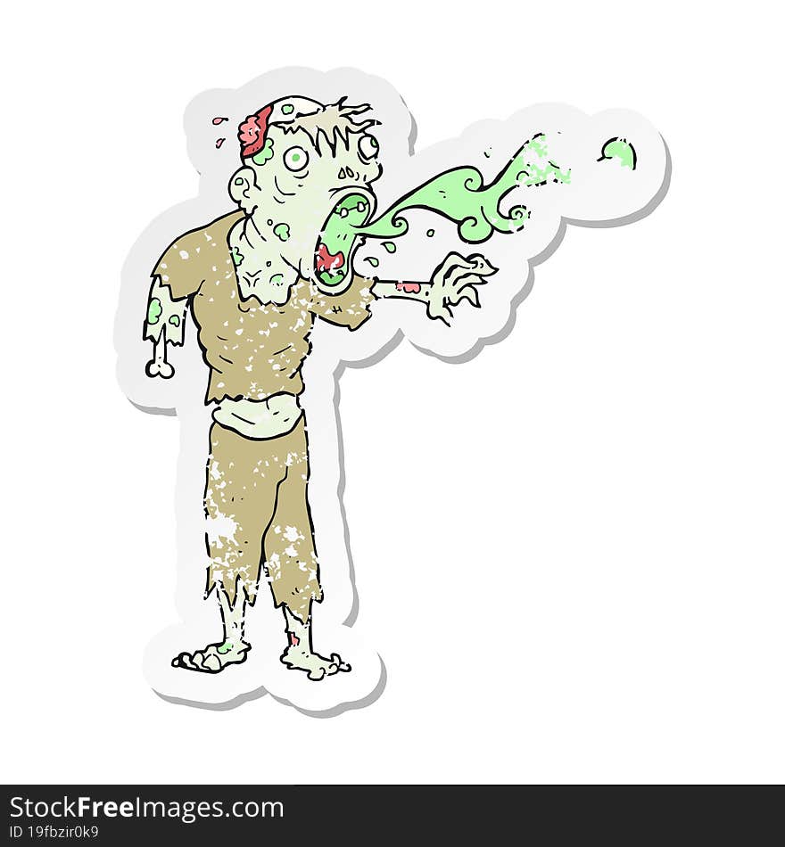 retro distressed sticker of a cartoon gross zombie