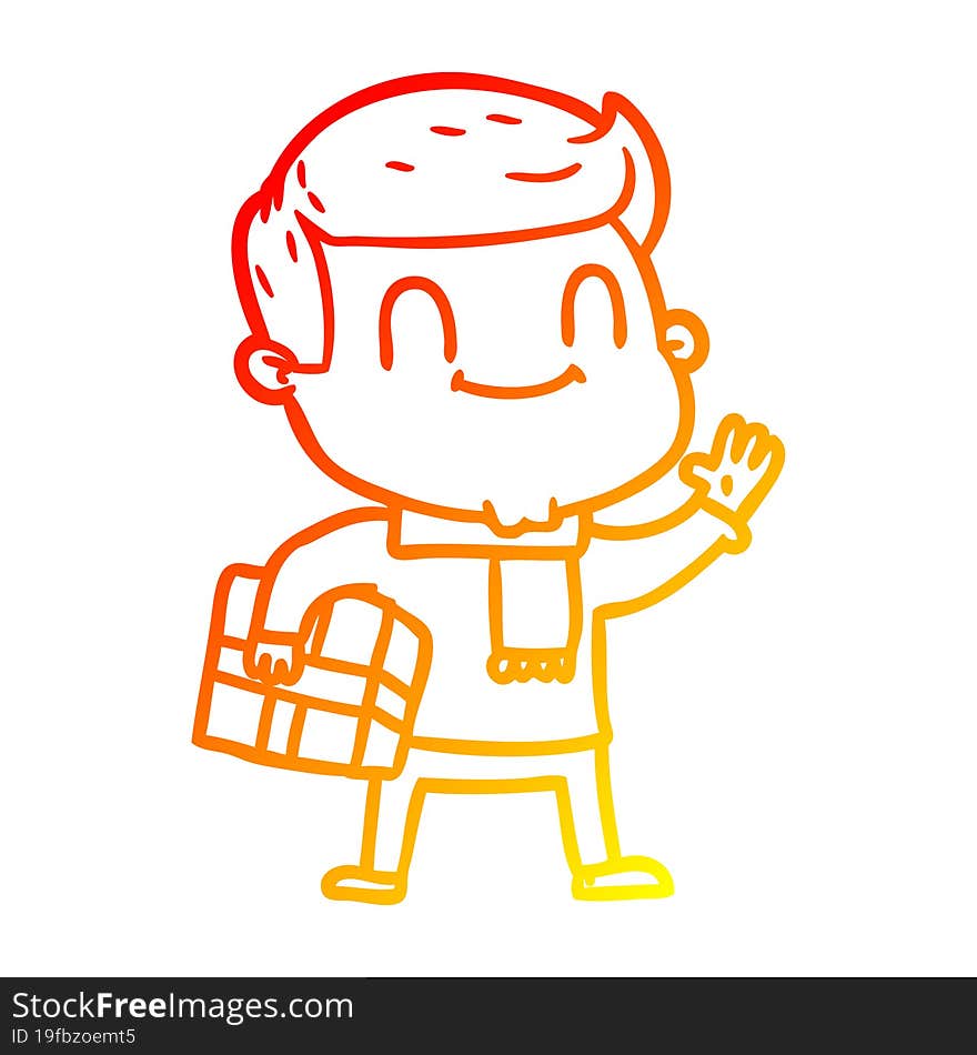 Warm Gradient Line Drawing Cartoon Friendly Man With Xmas Gift