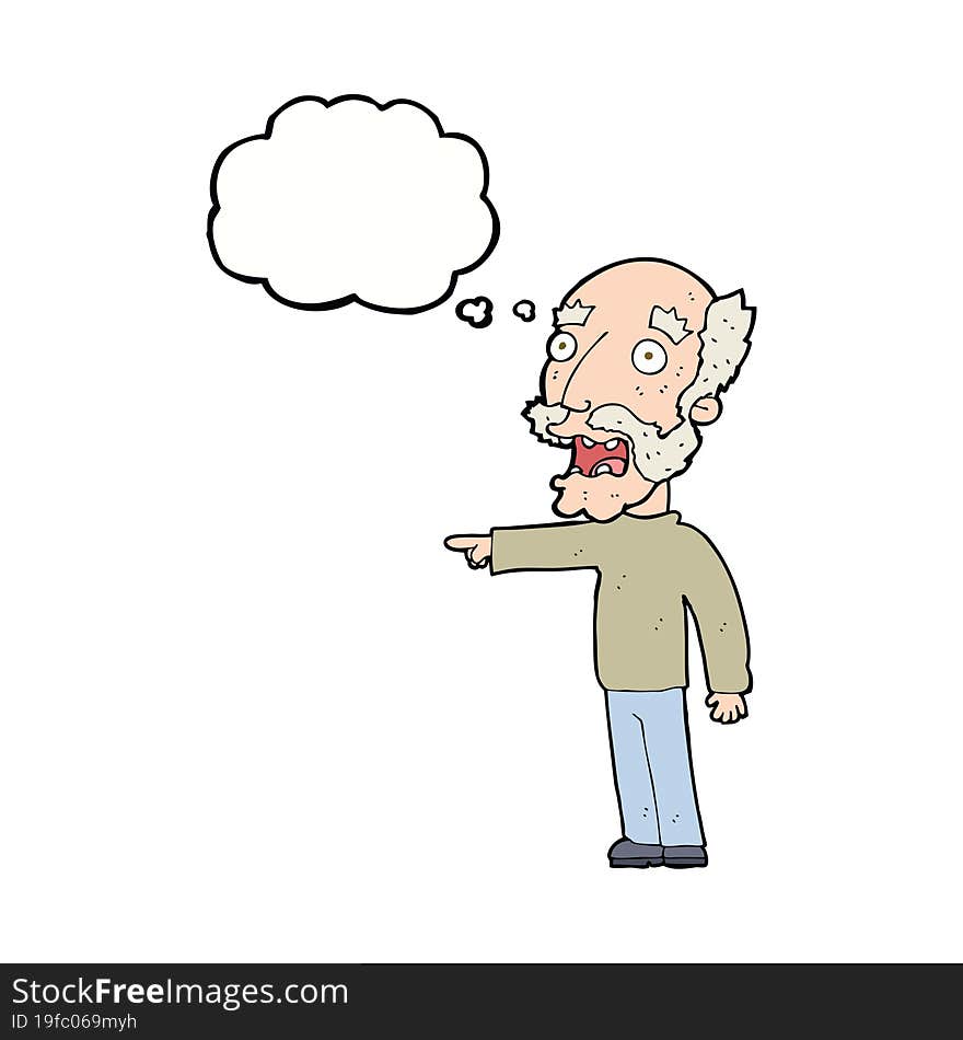 Cartoon Scared Old Man Pointing With Thought Bubble