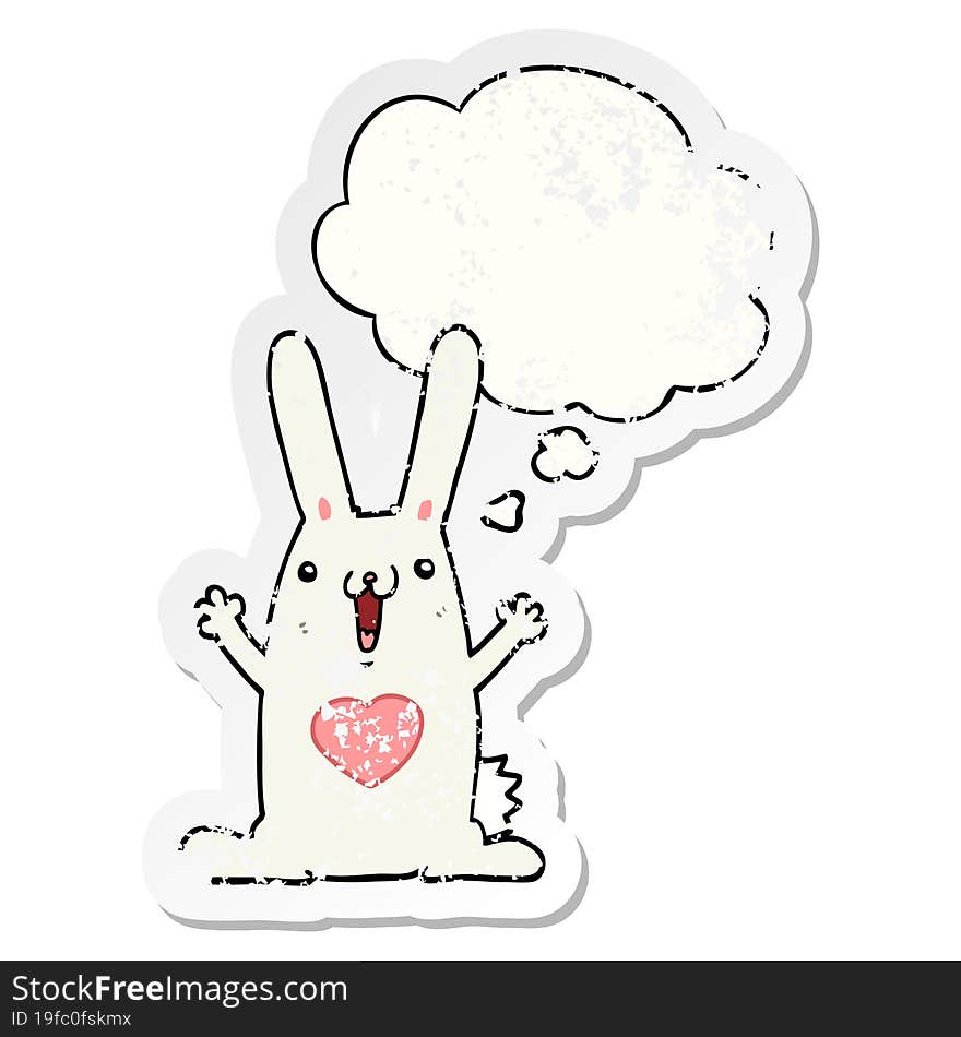 cartoon rabbit in love and thought bubble as a distressed worn sticker