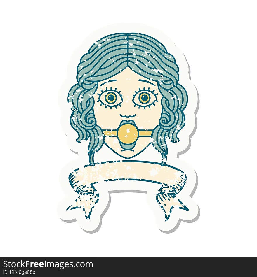 grunge sticker with banner of female face with ball gag