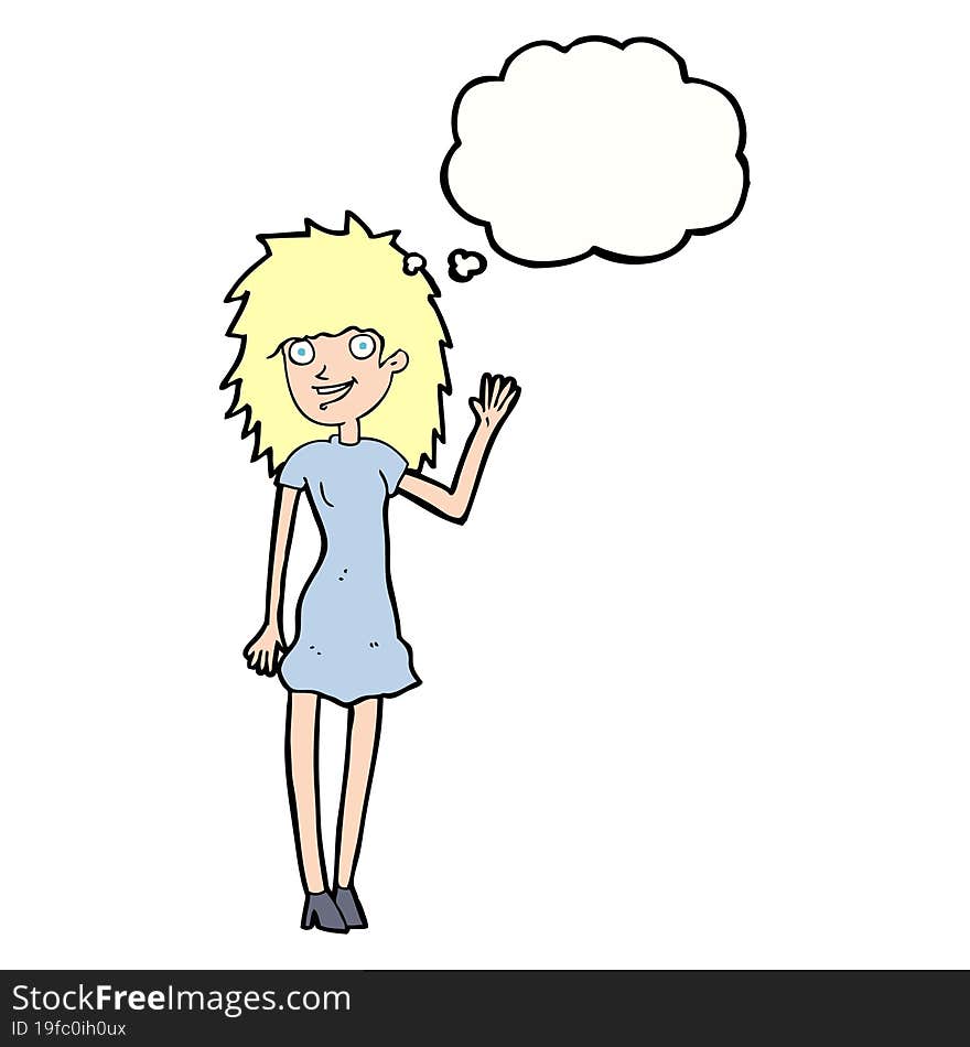 cartoon happy woman waving with thought bubble