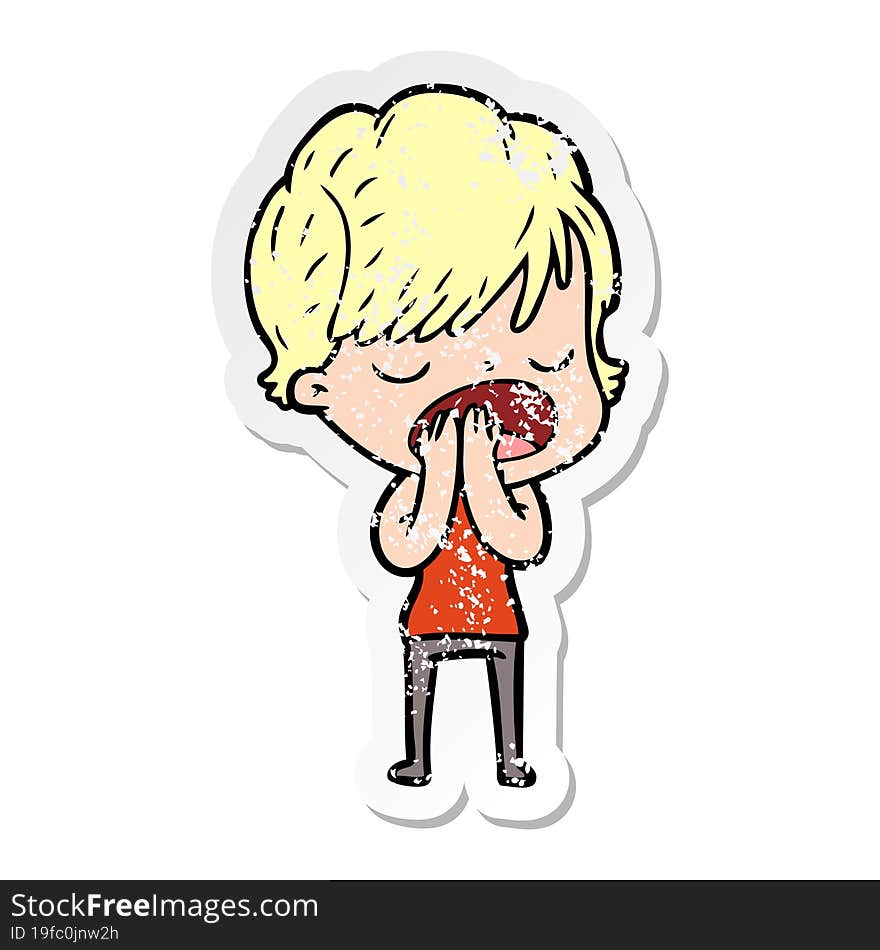 distressed sticker of a cartoon woman talking