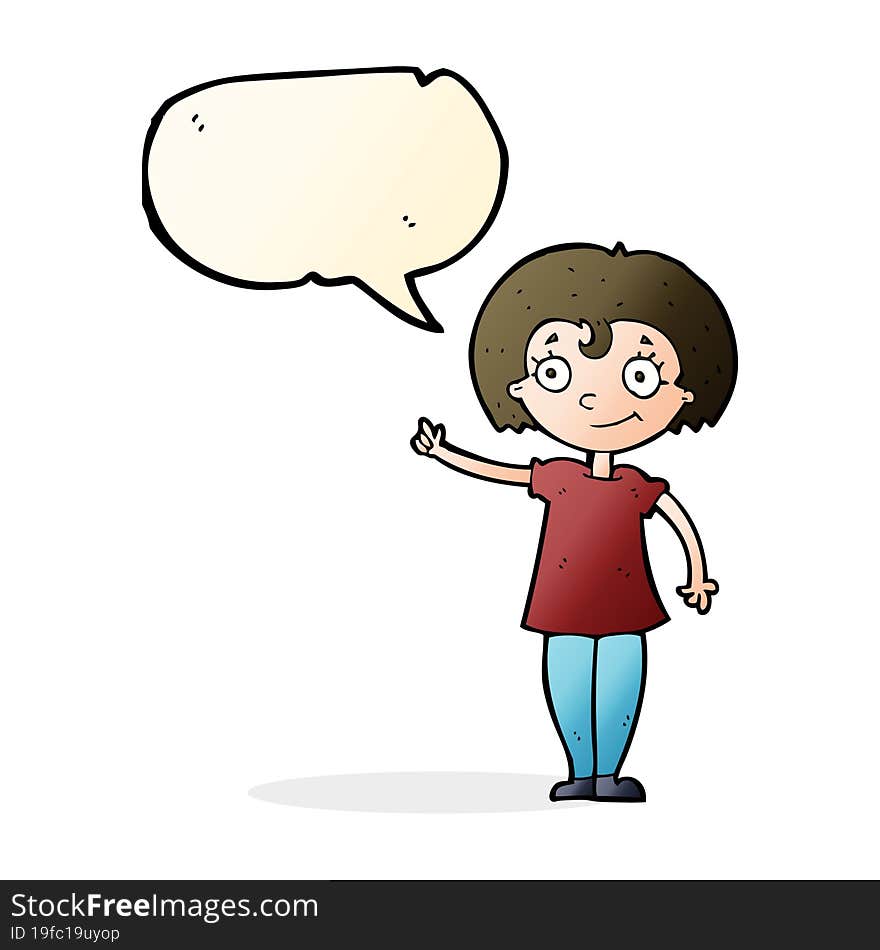 cartoon happy woman pointing with speech bubble