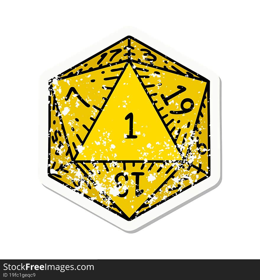 grunge sticker of a natural 1 D20 dice roll. grunge sticker of a natural 1 D20 dice roll