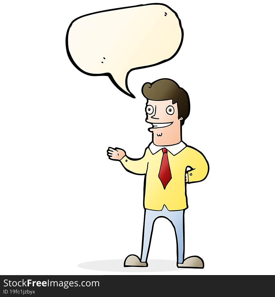 cartoon salesman with speech bubble