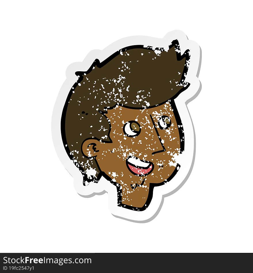 retro distressed sticker of a cartoon happy boy face