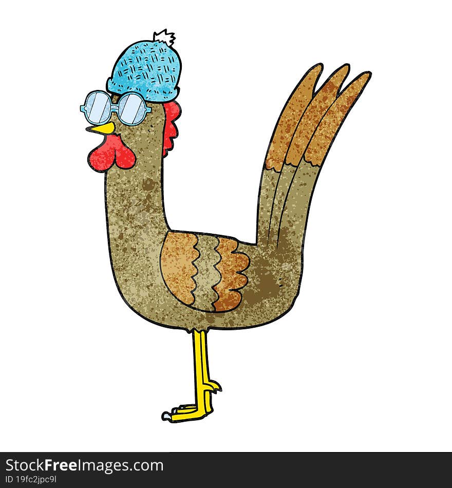 freehand textured cartoon chicken wearing spectacles and hat. freehand textured cartoon chicken wearing spectacles and hat