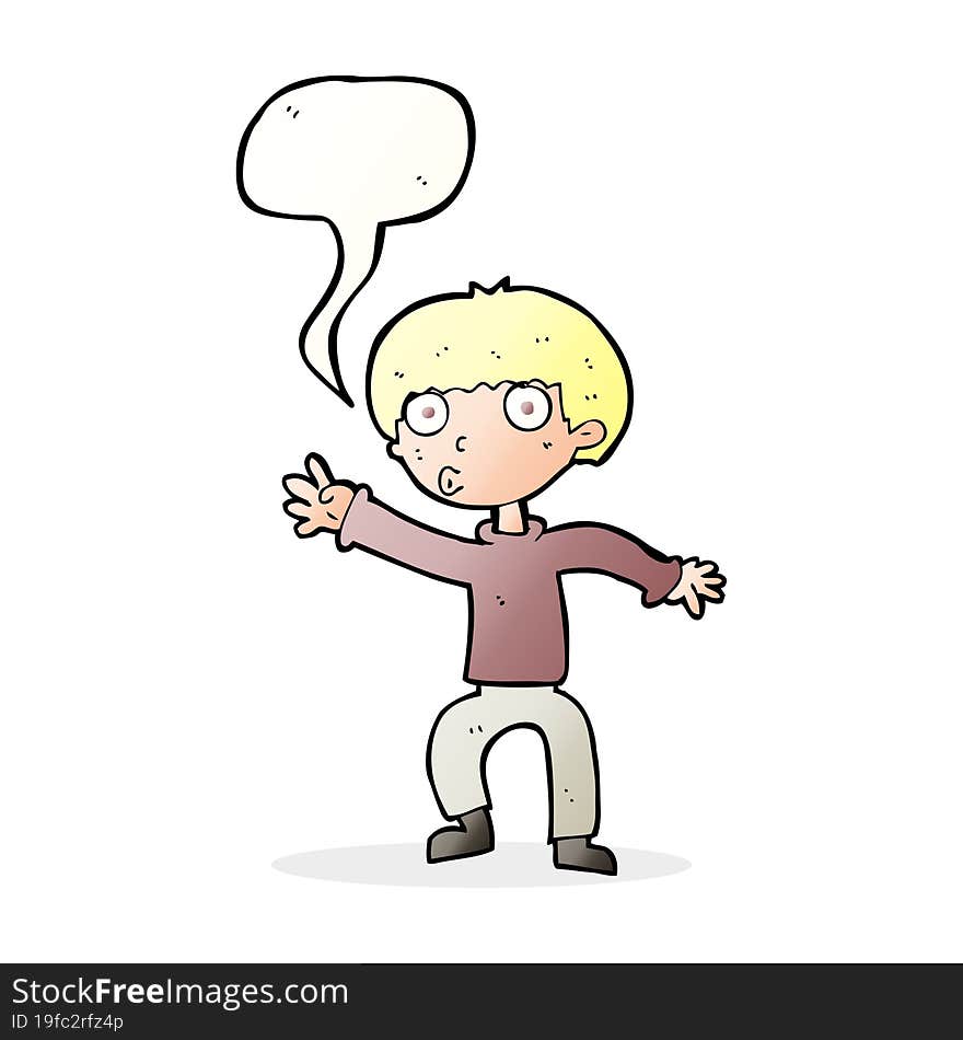 cartoon boy waving warning with speech bubble