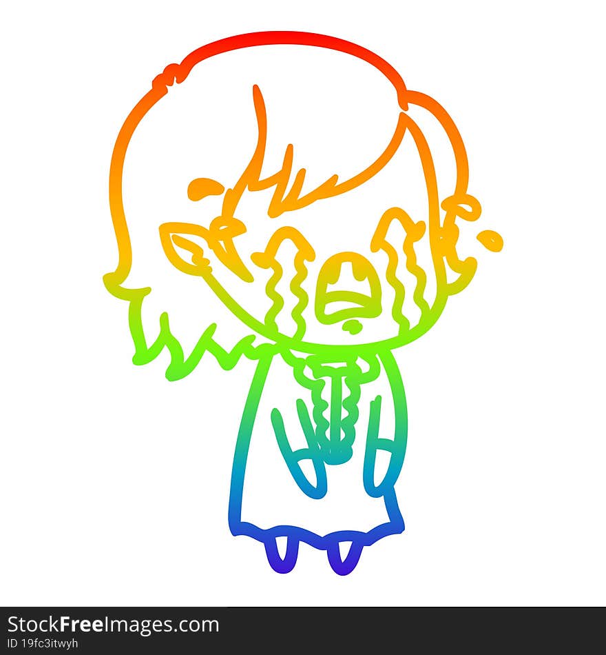 rainbow gradient line drawing cartoon crying vampire girl