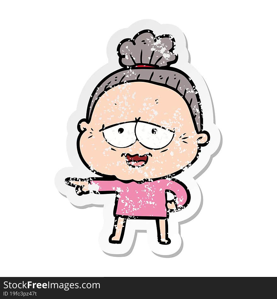 distressed sticker of a cartoon happy old lady