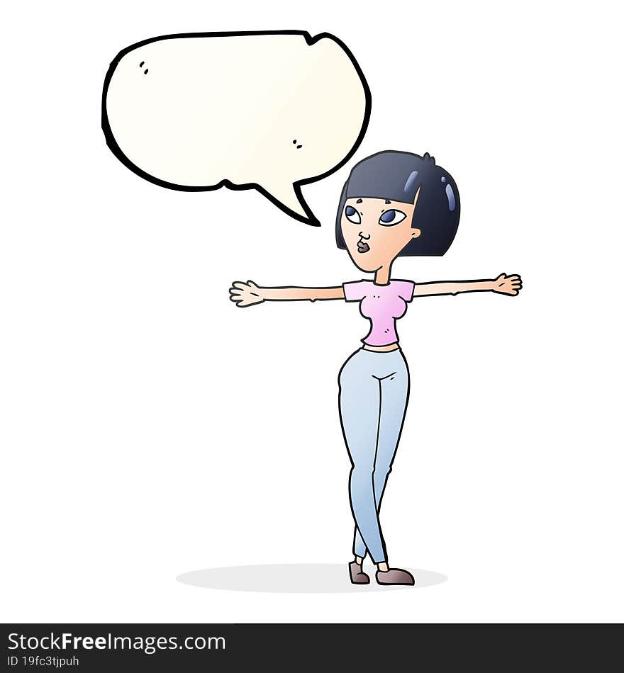 speech bubble cartoon woman spreading arms