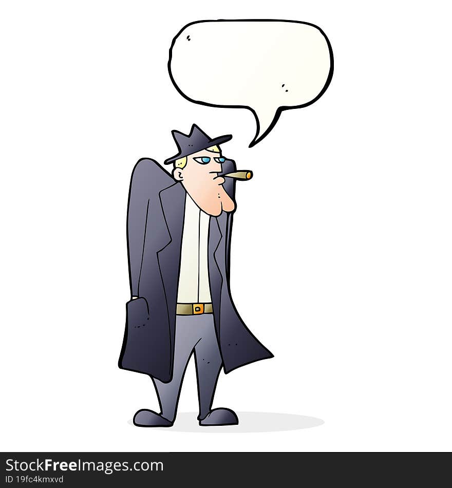 Cartoon Man In Hat And Trench Coat With Speech Bubble