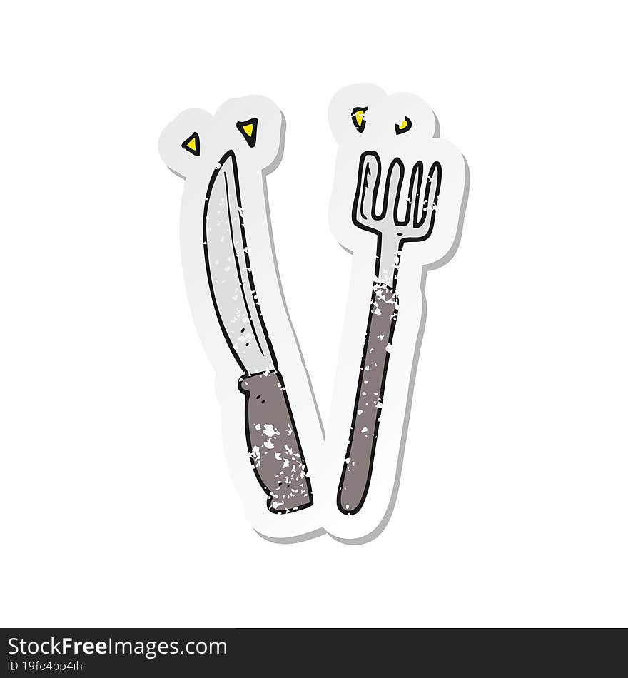 retro distressed sticker of a cartoon knife and fork