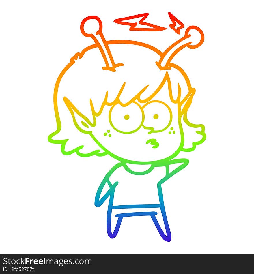 rainbow gradient line drawing of a cartoon alien girl