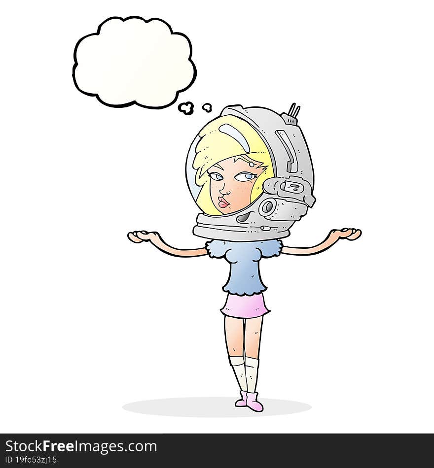 cartoon woman wearing space helmet with thought bubble