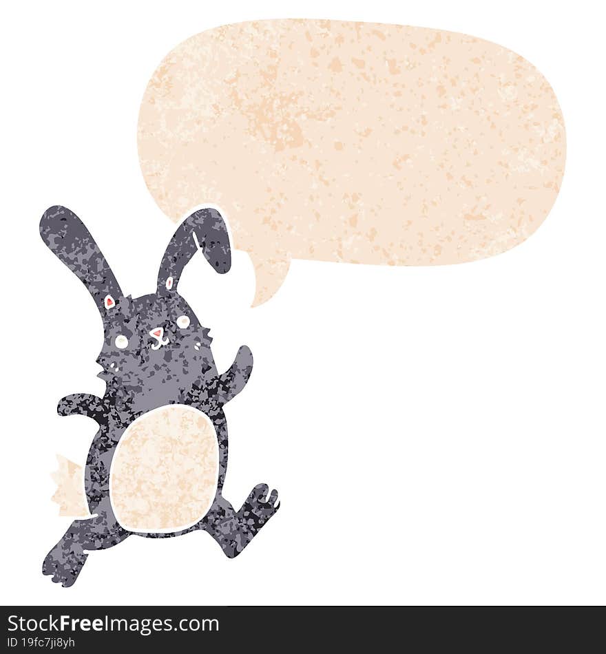 cartoon rabbit running with speech bubble in grunge distressed retro textured style. cartoon rabbit running with speech bubble in grunge distressed retro textured style