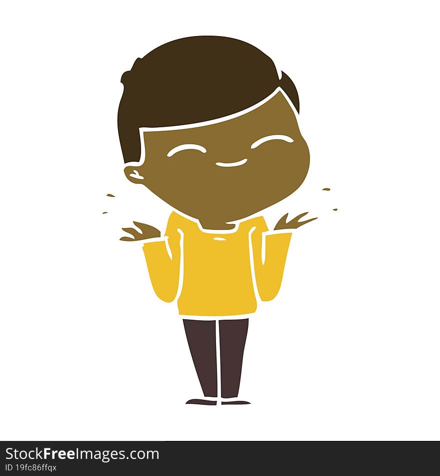 flat color style cartoon smiling boy shrugging shoulders