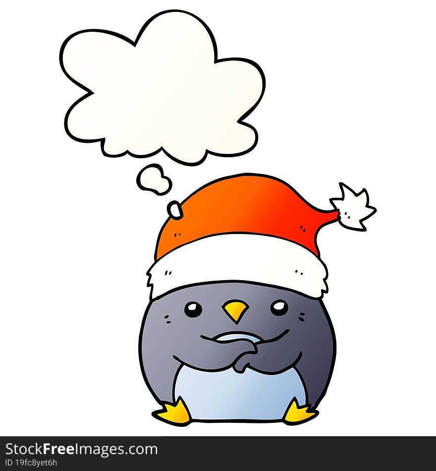 Cute Cartoon Penguin Wearing Christmas Hat And Thought Bubble In Smooth Gradient Style