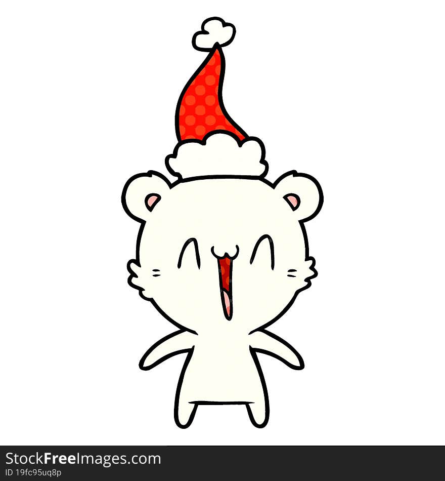 happy polar bear comic book style illustration of a wearing santa hat