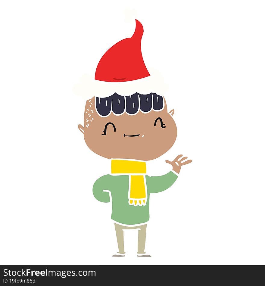 flat color illustration of a friendly boy wearing santa hat