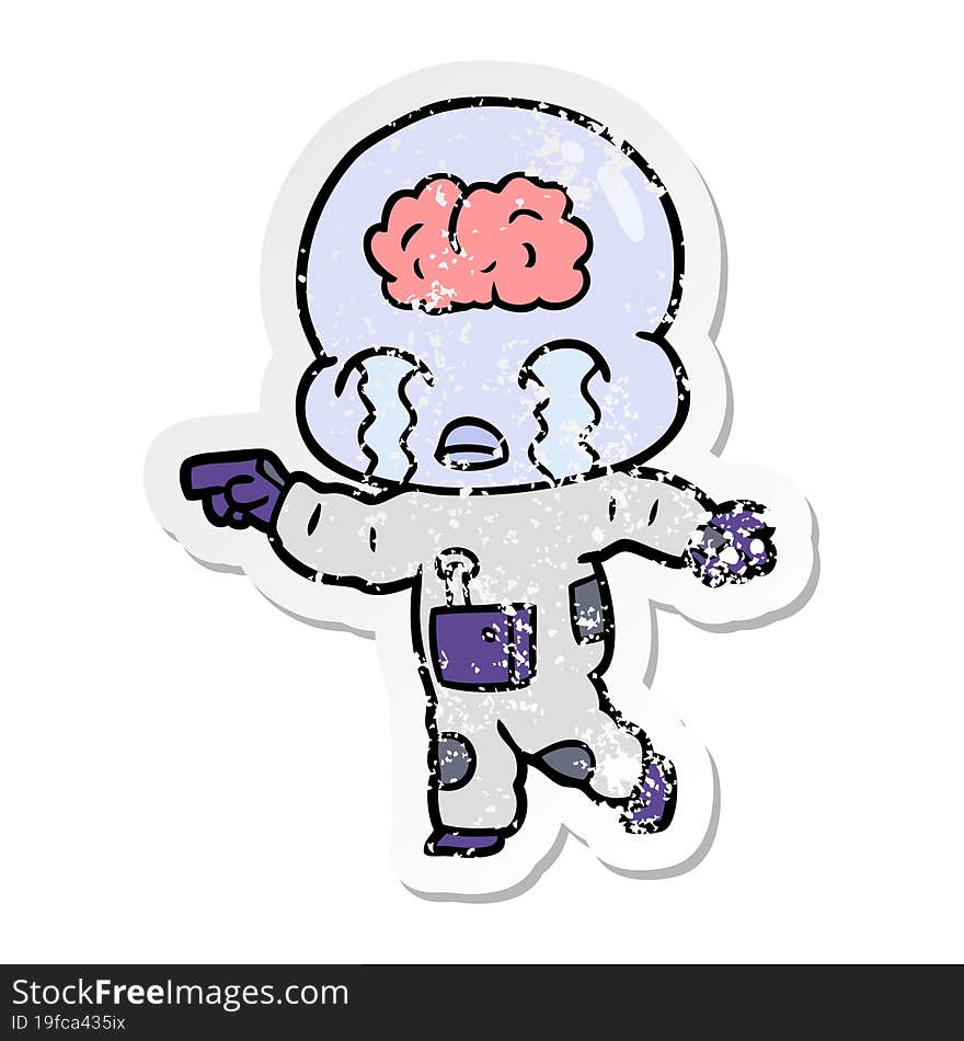 Distressed Sticker Of A Cartoon Big Brain Alien Crying