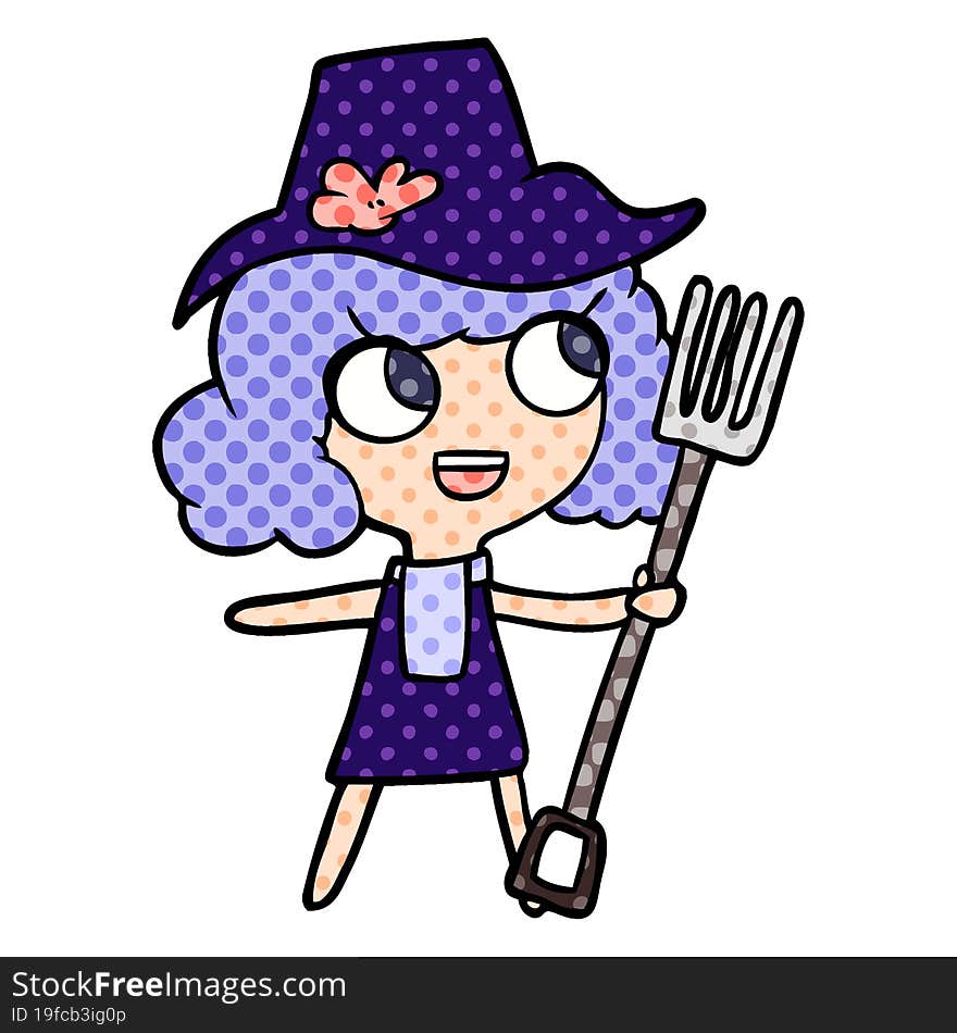 cartoon farmer girl with fork. cartoon farmer girl with fork