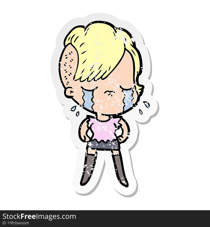 distressed sticker of a cartoon crying girl