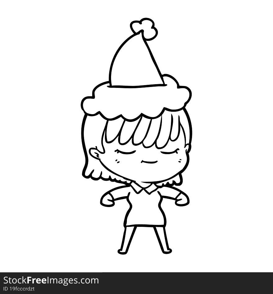 hand drawn line drawing of a woman wearing santa hat