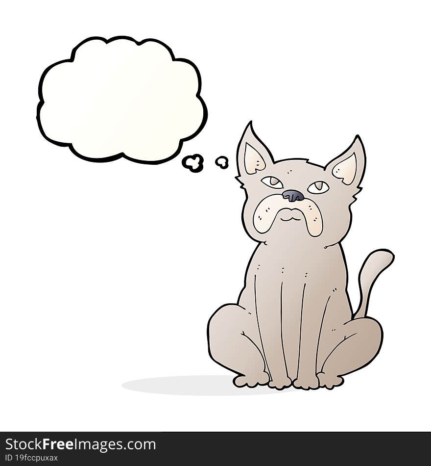 cartoon grumpy little dog with thought bubble