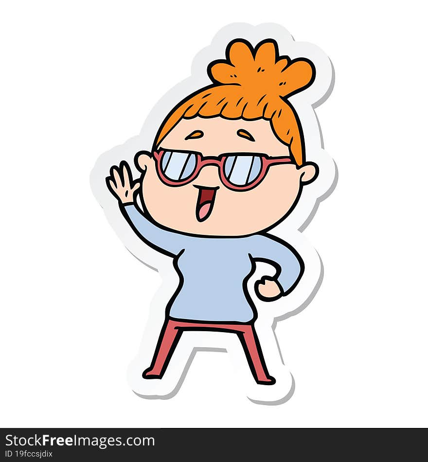 sticker of a cartoon happy woman wearing spectacles