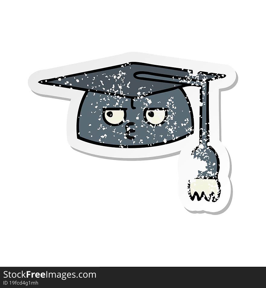 distressed sticker of a cute cartoon graduation hat