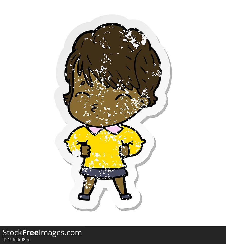 distressed sticker of a cartoon woman thinking