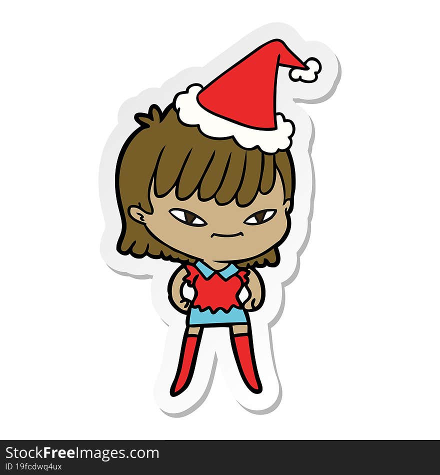 hand drawn sticker cartoon of a woman wearing santa hat