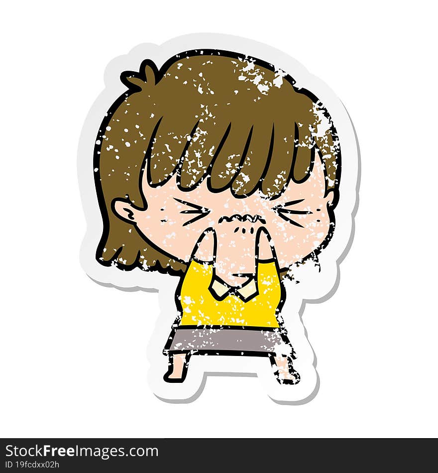 distressed sticker of a annoyed cartoon girl