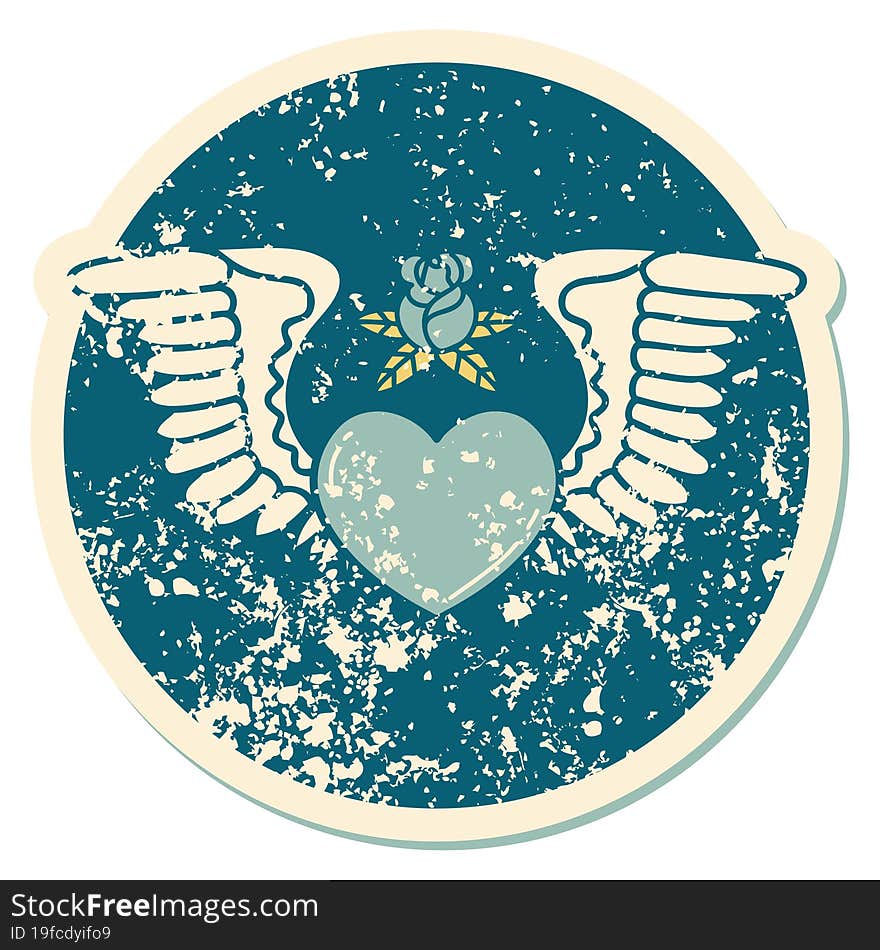 iconic distressed sticker tattoo style image of a heart with wings. iconic distressed sticker tattoo style image of a heart with wings