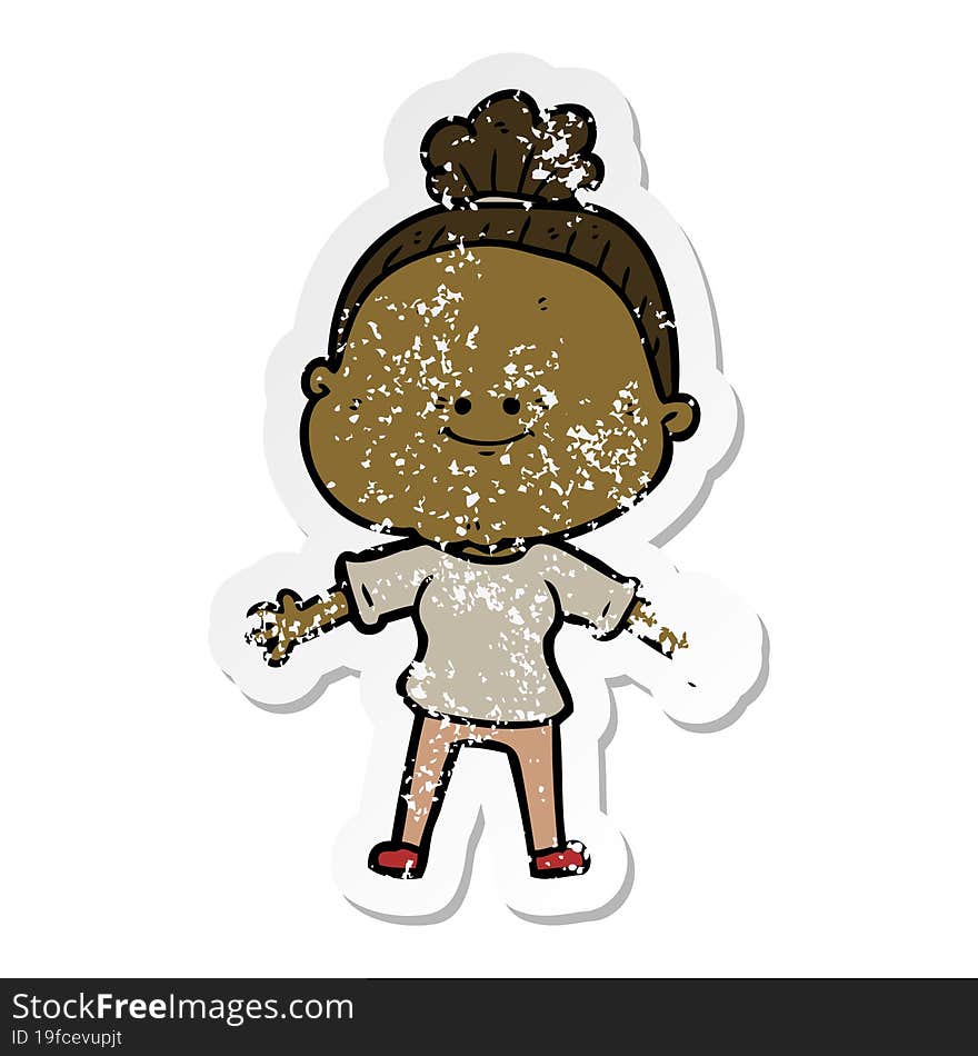 distressed sticker of a cartoon happy old woman