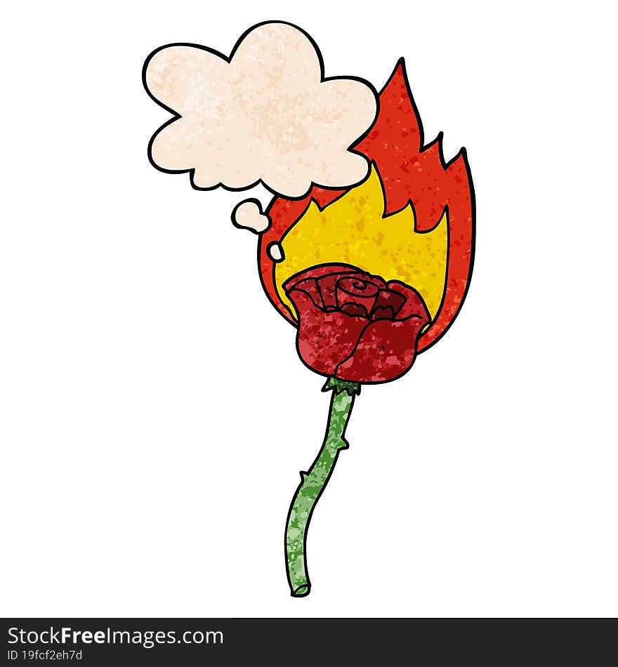 cartoon flaming rose and thought bubble in grunge texture pattern style