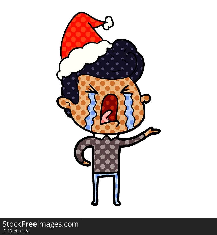 Comic Book Style Illustration Of A Crying Man Wearing Santa Hat