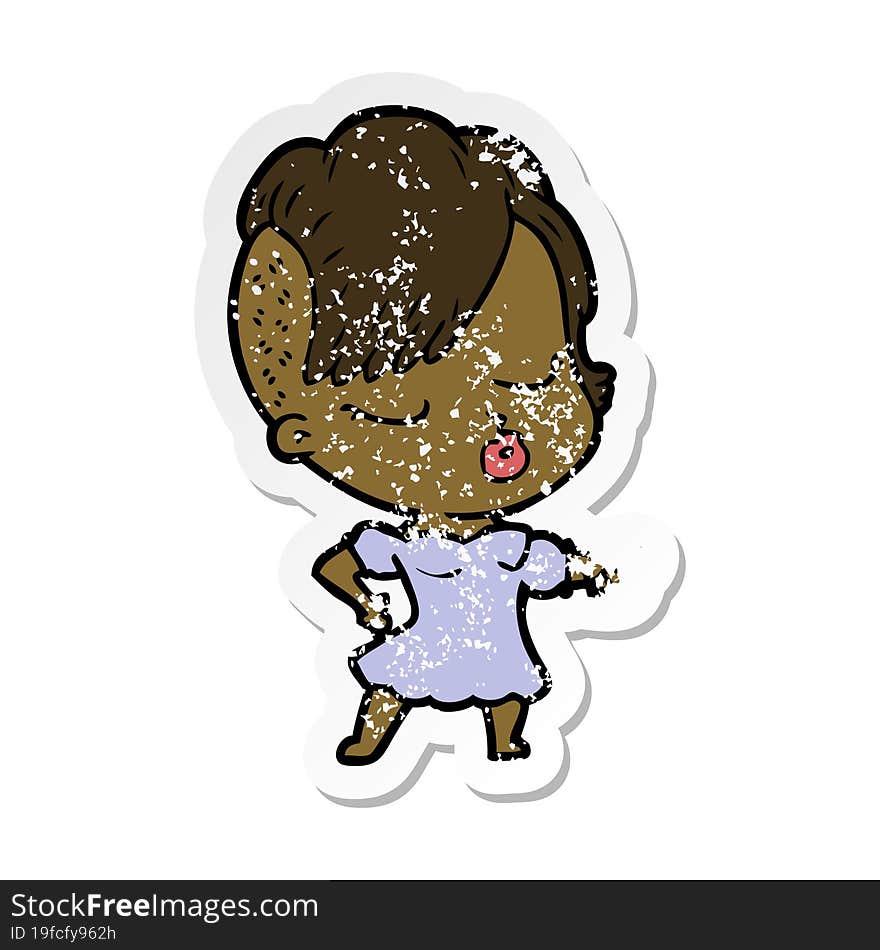 Distressed Sticker Of A Cartoon Pretty Hipster Girl