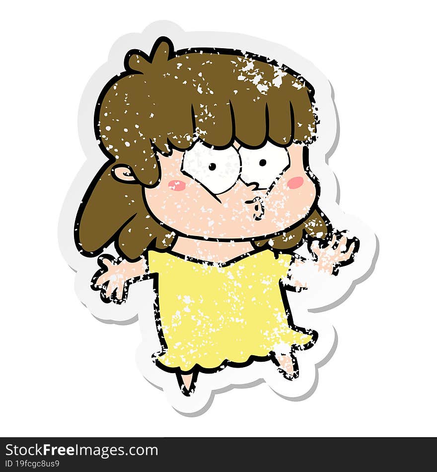 distressed sticker of a cartoon whistling girl