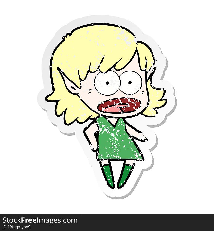 distressed sticker of a cartoon shocked elf girl