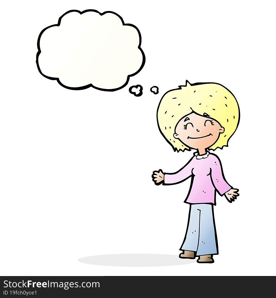 cartoon happy woman with thought bubble